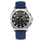 Sports quartz watch with black dial and blue leather strap, silver-tone round case and bezel.