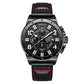 Sports quartz watch with black dial and black leather strap featuring red contrast stitching.