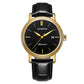 Men's automatic mechanical watch featuring a black dial, gold accents, and black leather band