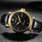Men's automatic mechanical watch with black dial and gold case, black leather strap