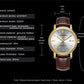 Men's automatic mechanical watch with white dial, gold case, and brown leather strap