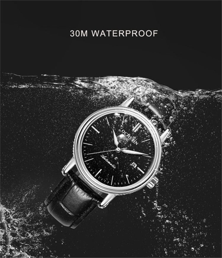 Men's automatic mechanical watch, 30M waterproof, black dial with black leather strap