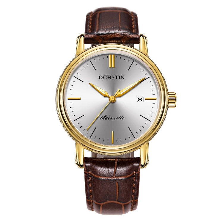 Men's automatic mechanical watch with white dial, gold bezel, and brown leather strap
