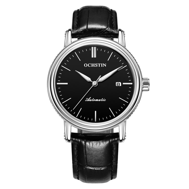 Men's automatic mechanical watch with black dial, silver bezel, and black leather strap