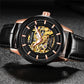 Ochstin automatic mechanical watch, black leather strap, openwork skeleton dial close view