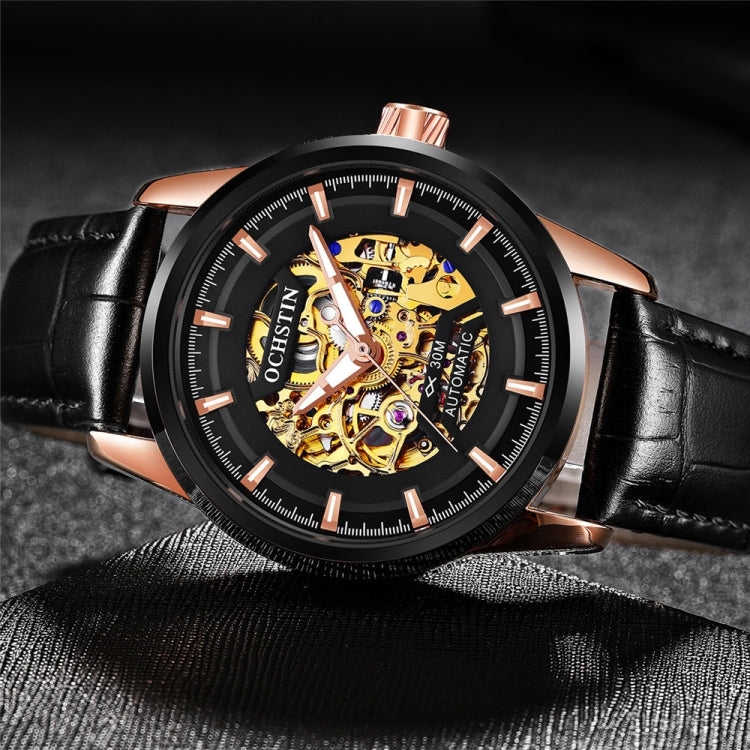 Ochstin automatic mechanical watch, black leather strap, openwork skeleton dial close view