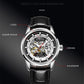 Ochstin mechanical watch front view with black leather strap and open skeleton dial