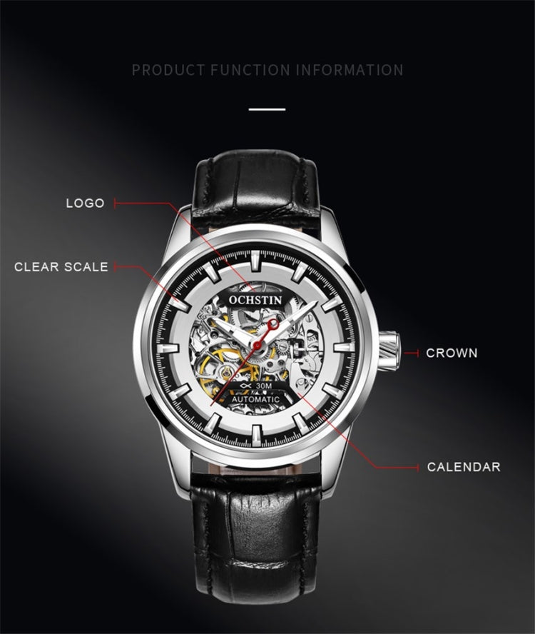 Ochstin mechanical watch front view with black leather strap and open skeleton dial