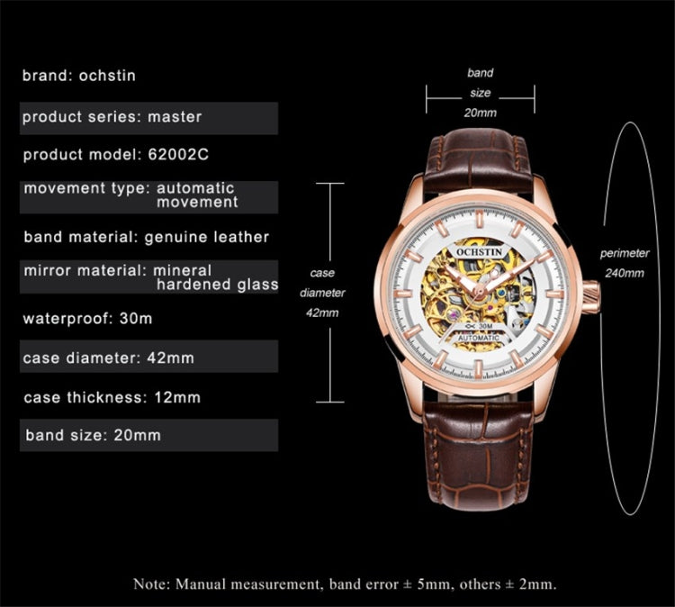 Ochstin automatic mechanical watch with brown leather strap and openwork dial