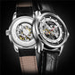 Two Ochstin mechanical watches, black leather straps, open skeleton dials side by side