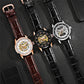 Three Ochstin mechanical watches with leather straps: brown and black, open skeleton dials