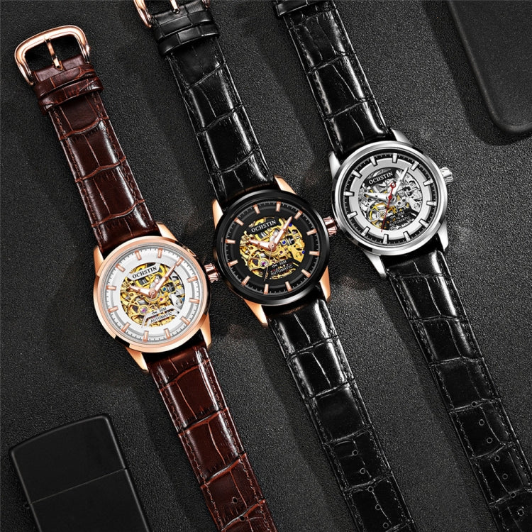 Three Ochstin mechanical watches with leather straps: brown and black, open skeleton dials