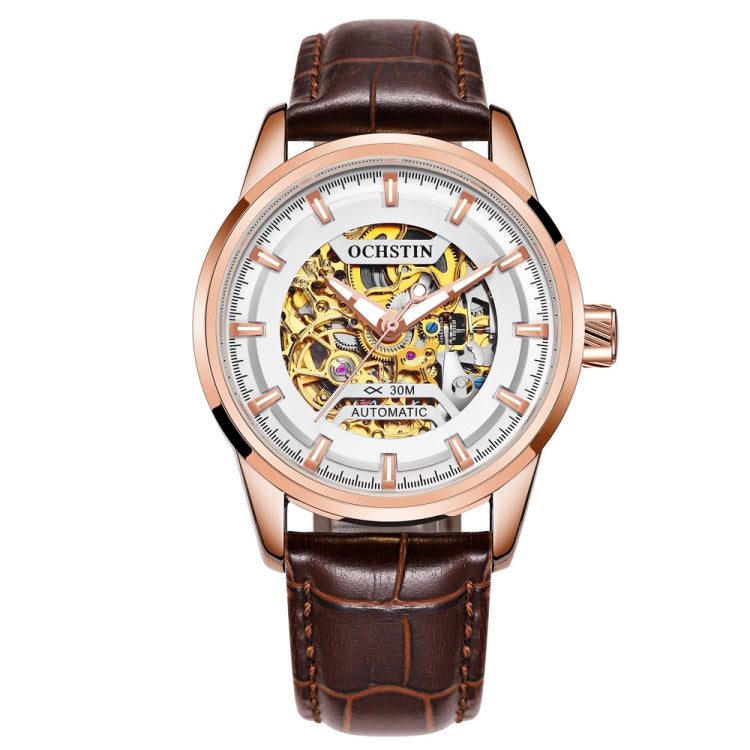 Ochstin automatic mechanical watch with brown leather strap and openwork skeleton dial