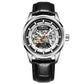 Ochstin automatic skeleton leather watch with black dial, silver case, and black strap