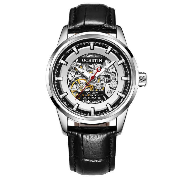 Ochstin automatic skeleton leather watch with black dial, silver case, and black strap