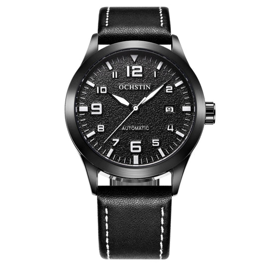 Men’s automatic mechanical watch with black dial and black leather strap.