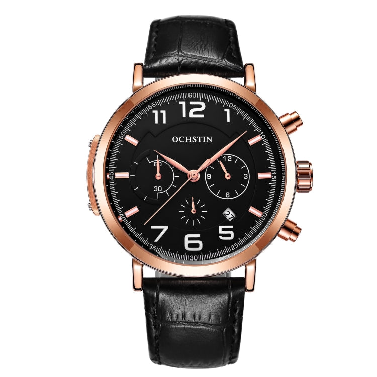 Multi-function quartz wristwatch with black dial, rose gold case, and black leather strap