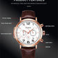 Multi-function quartz wristwatch with white dial and brown leather strap