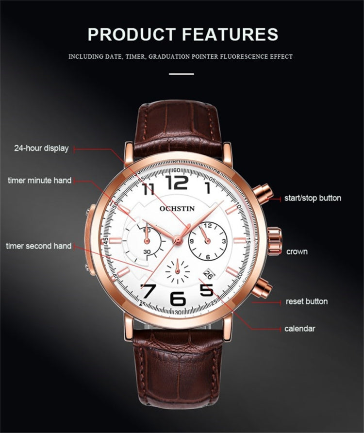 Multi-function quartz wristwatch with white dial and brown leather strap