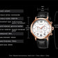 Multi-function quartz wristwatch with white dial, brown leather strap, rose gold-tone case