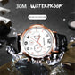 Multi-function quartz wristwatch with white dial, rose gold-tone case, and black leather strap