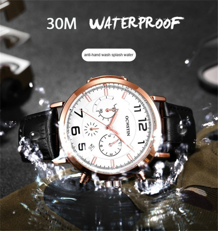 Multi-function quartz wristwatch with white dial, rose gold-tone case, and black leather strap