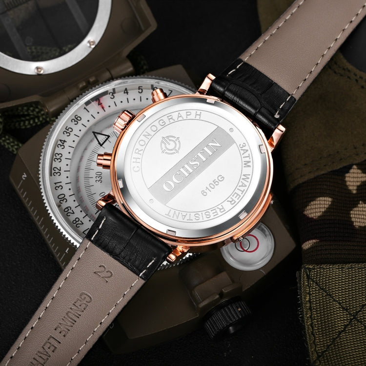 Round multi-function watch caseback in rose gold tone with black leather strap