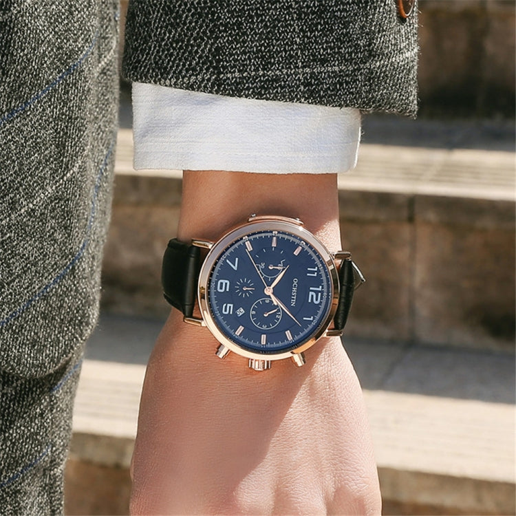 Multi-function quartz wristwatch with blue dial, dark strap, and rose gold-tone case