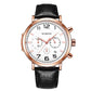 Multi-function quartz wristwatch with white dial, rose gold-tone case, and black leather strap