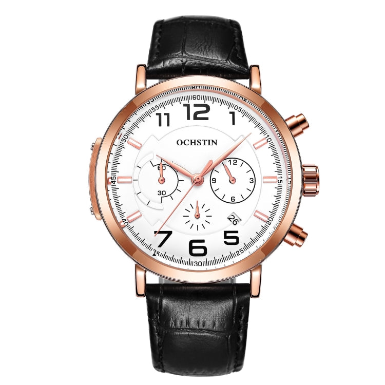Multi-function quartz wristwatch with white dial, rose gold-tone case, and black leather strap