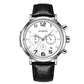 Ochstin multifunction quartz watch with black leather strap, silver-tone case, white dial