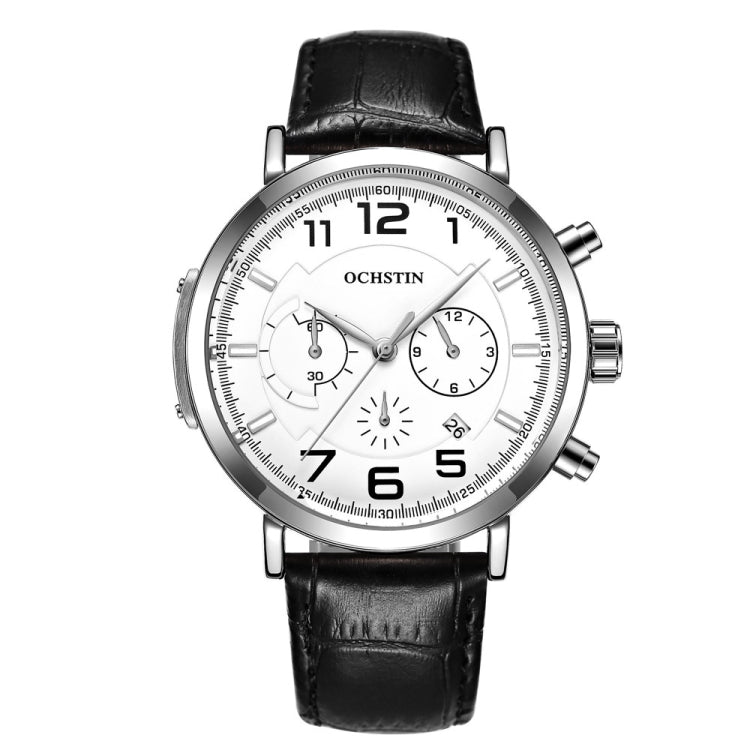 Ochstin multifunction quartz watch with black leather strap, silver-tone case, white dial
