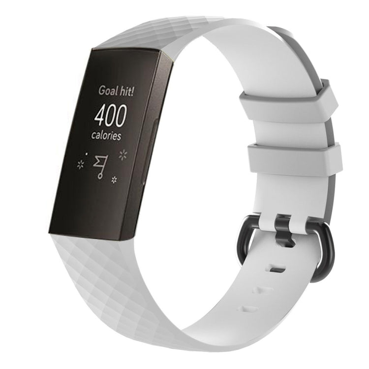White diamond-pattern silicone wrist strap for Fitbit Charge 3, with pin buckle and clasp