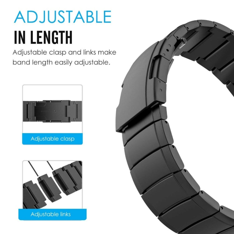 Adjustable black watch strap with turtle buckle and interlocking metal links