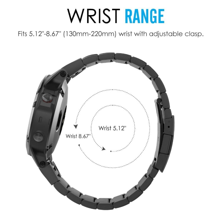 Black watch band with adjustable clasp; metal links fit a wrist size range
