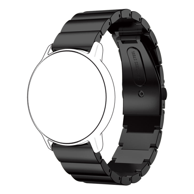 Black 22mm stainless steel watch strap with flat buckle on watch