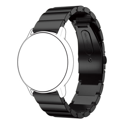 Black 22mm stainless steel watch strap with flat buckle on watch