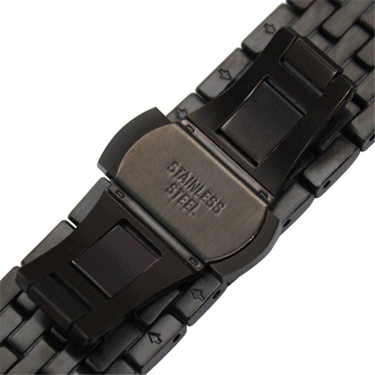 Black metal watch strap clasp with engraved stainless steel plate