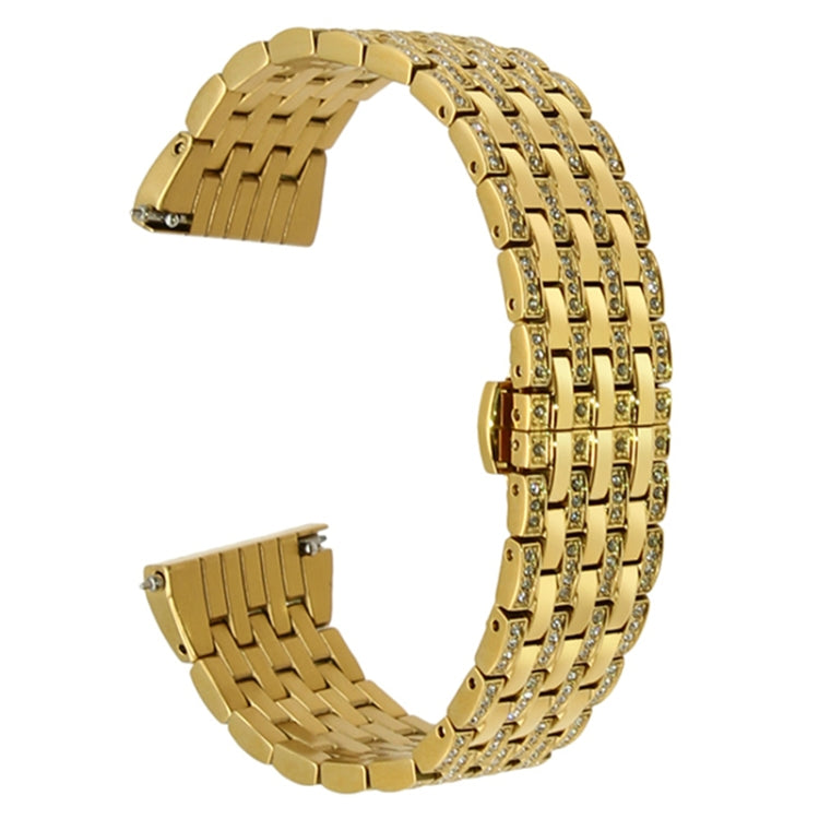 Gold metal watch strap with rhinestone rows and woven link design