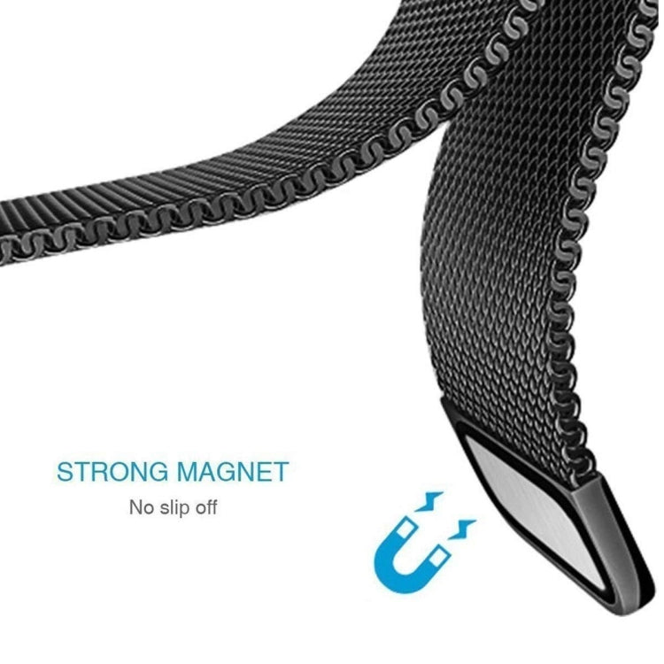 Black milanese metal watch strap with mesh link pattern and chain edge detail.