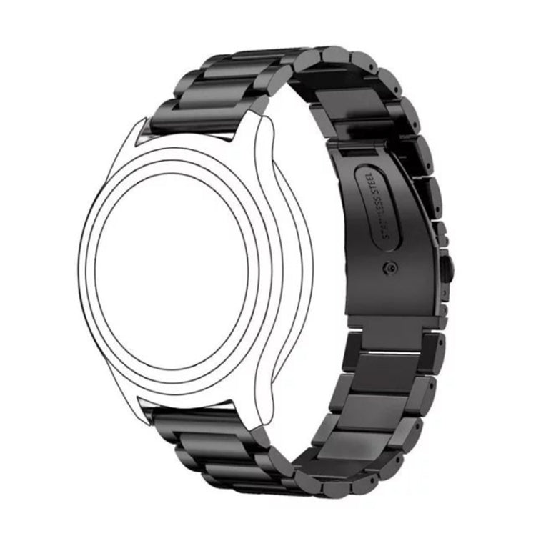Black stainless steel watch strap with three flat buckle links, top view