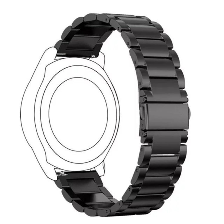 Black stainless steel watch strap with three flat buckle links, curved angle