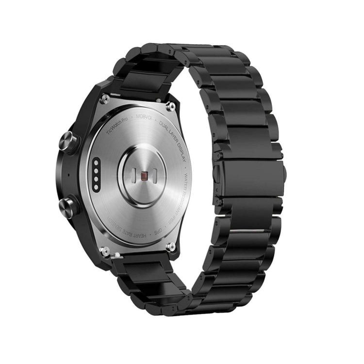 Black stainless steel watch strap with three flat buckle links, back view