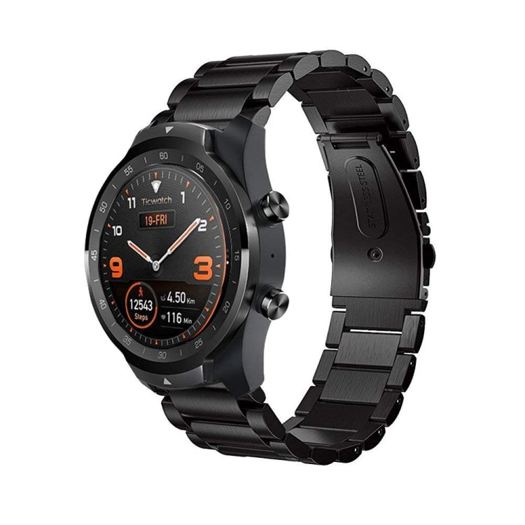 Black stainless steel watch strap with three flat buckle links on smartwatch