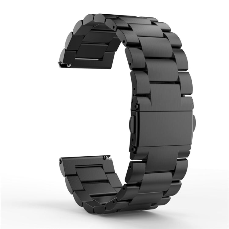 Black stainless steel watch strap with three flat buckle links, partial view
