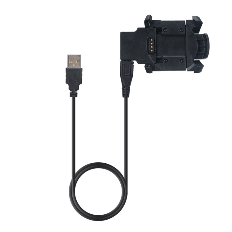 Garmin watch charging dock with black cable and USB-A power connector, black base