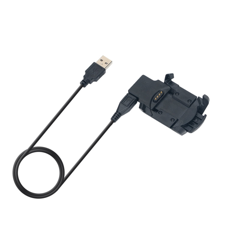 Garmin charging dock with black cable, USB-A plug, and coiled cable loop