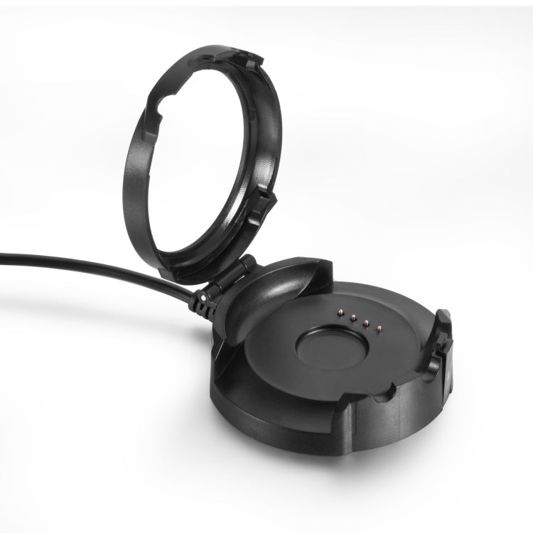 Black charging dock with open cradle and two-pin contacts for watch charging