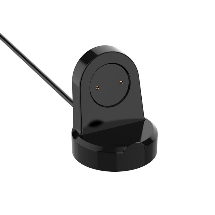 Black charging stand cradle with two charging contacts, angled view.