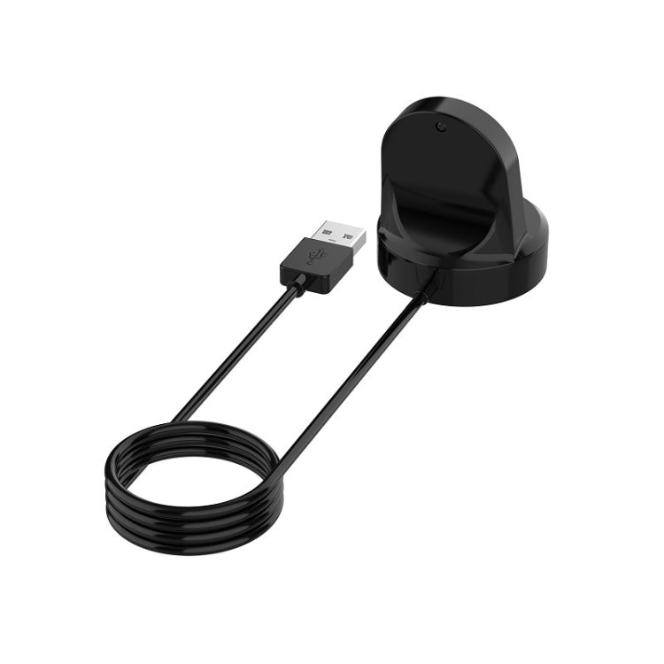 Black watch charging stand with USB cable and charging cradle, top view.